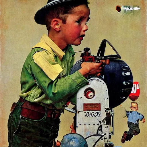 Prompt: a Norman Rockwell painting of a boy and his small airplane