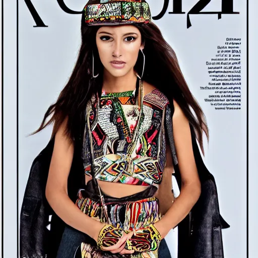 Image similar to a page of a high - end female fashion magazine, ancient aztec fashion, full body photo of a gorgeous aztec supermodel modeling the latest ancient aztec fashion, high resolution scan of aztec fashion catalog