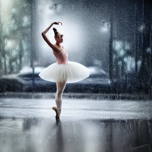 Prompt: portrait of a ballerina dancing in the rain, cinematic light and reflections, beautiful dreamy lighting,