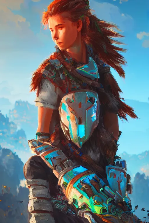 Image similar to combination suit armor aloy horizon forbidden west horizon zero dawn radiating a glowing aura global illumination ray tracing hdr fanart arstation by ian pesty and alena aenami artworks in 4 k tribal robot ninja mask helmet backpack