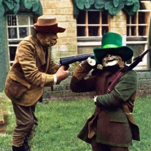 Prompt: leprechaun fighting with the ira, historical photograph, restored, gun, irish, terrorism, colorised, colourised, mask
