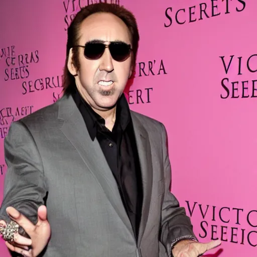 Image similar to Nicolas Cage doing a commercial for Victoria's Secret