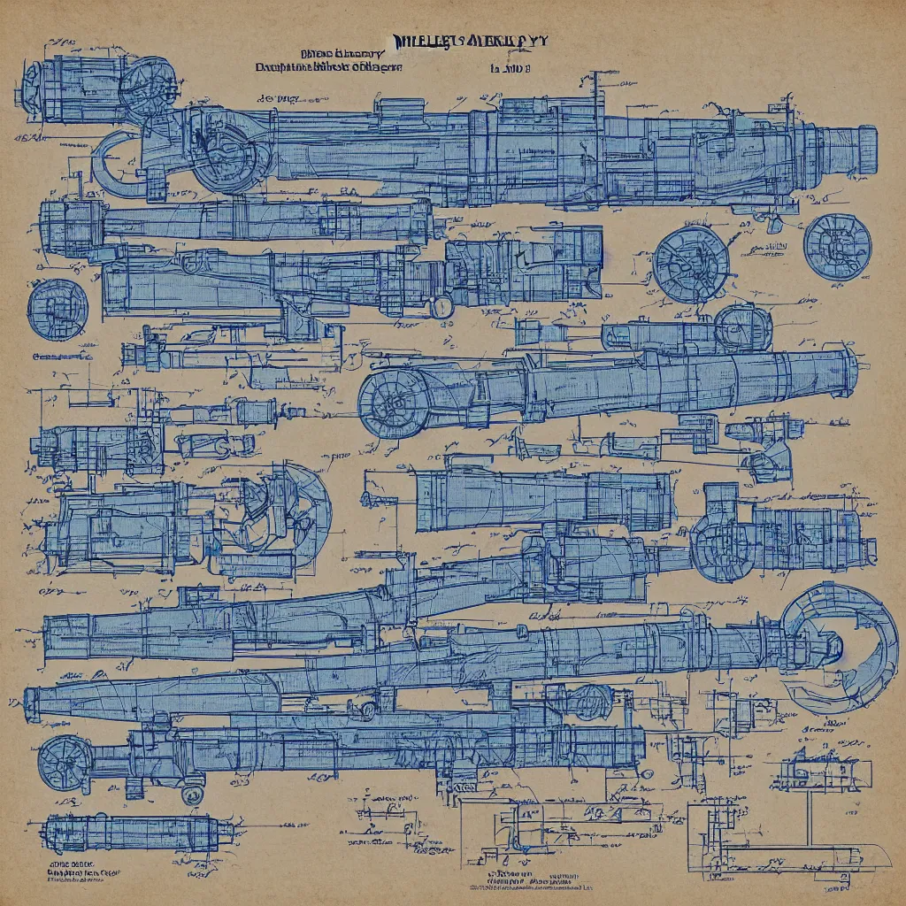 Image similar to detailed blueprint scheme of an artillery cannon, patented in 2039