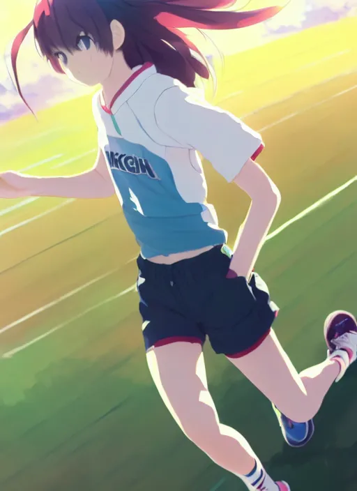 Image similar to portrait of high school runner girl, sunny sky background stadium landscape illustration concept art anime key visual trending pixiv fanbox by wlop and greg rutkowski and makoto shinkai and studio ghibli and kyoto animation red sports clothing marathon race running shoes sponsors