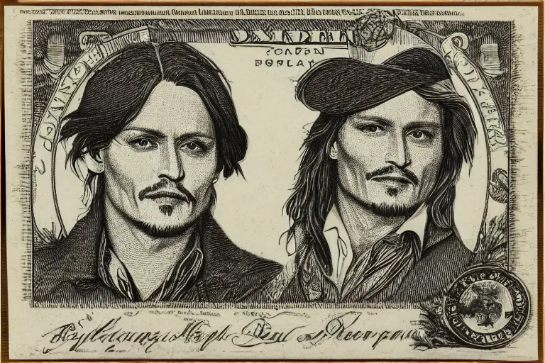 Image similar to An engraved portrait of Johnny Depp , detailed!!! copper-plate engraving in the style of money bills, fine!!! lines, engraved by Alfred Sealey, Bureau of Engraving and Printing