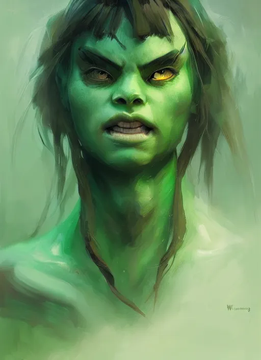 Image similar to green orc female, light green tone beautiful face by wenjun lin