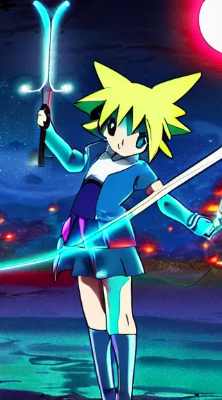 Image similar to Anime Screenshot of a POKEMON MISTY unsheathing her sword at night, strong blue rimlit, visual-key, Nighttime Moonlit, anime illustration in the style of Gainax