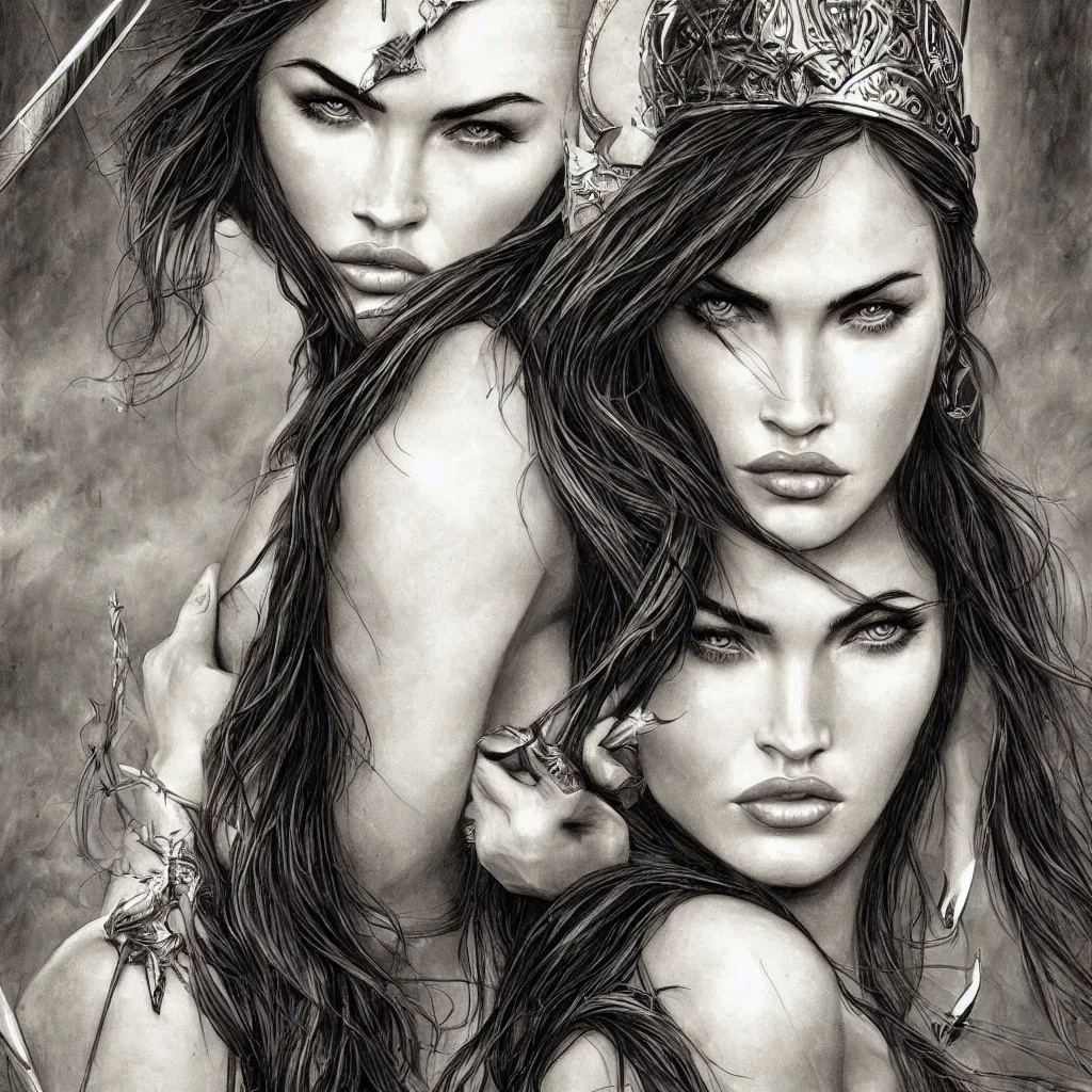 Image similar to portrait of beautiful megan fox as greek goddess aphrodite, archer, arrow on the head, beautiful piercing eyes, flowing blonde hair, realistic face, black and white drawing, in the style of greg rutkowski, fantasy, amazing detail, epic, intricate, elegant, smooth, sharp focus