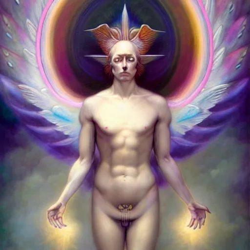 Image similar to psychedelic angelic celestial being artwork of peter mohrbacher, by henry fuseli, ayahuasca, energy body, sacred geometry, esoteric art, rainbow colors, divinity