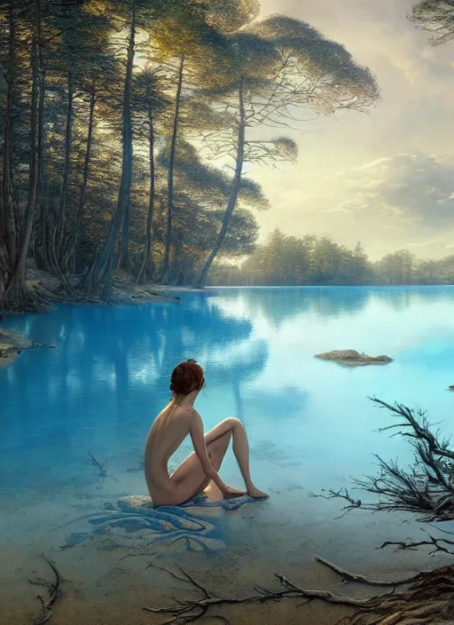 Image similar to on the sandy beach of a blue lake in a pine forest, hyperrealism, no blur, 4 k resolution, ultra detailed, style of tyler edlin, tom bagshaw, arthur rackham, ivan shishkin