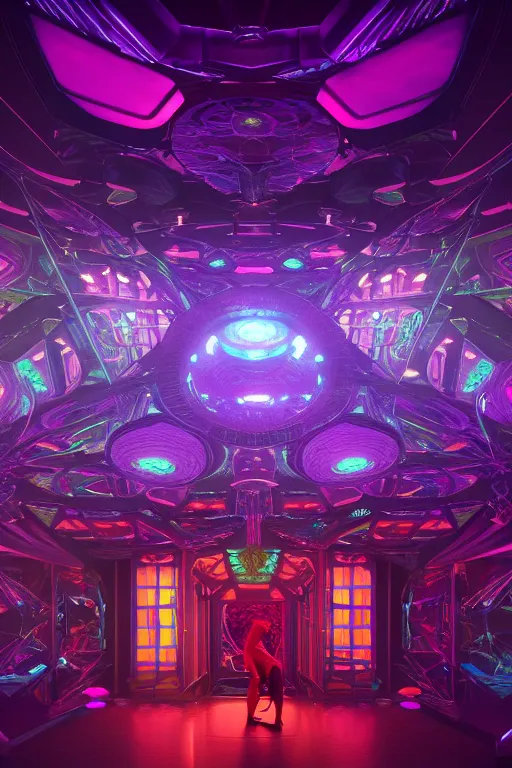 Image similar to a centered render of intricate modular synthesizer nightclub surrounded by ethereal lights and fractal geometry, cinematic, beautifully lit, by artgerm, by beeple, by karol bak, by donato giancola, 3 d, trending on artstation, octane render, 8 k