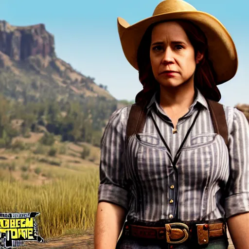 Prompt: pam beesly in red dead redemption 2, character render, full body shot, highly detailed, in game render