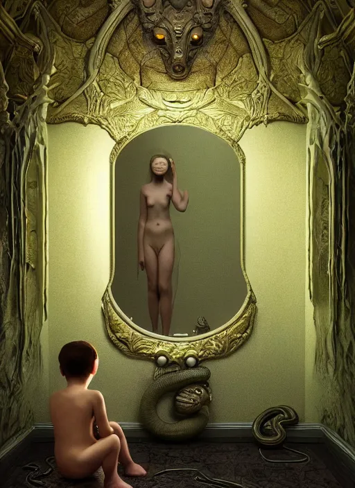 Image similar to hyperreal ultra detailed hypnagogic recollections from the waters of the unconscious. a 3 d psychopomp watching on. a child's face in the mirror, a doorway threshold, a snake, sharp focus, a digital egregore, global illumination, ornate, art by shaun tan, fenghua zhong and daniel merriam and dan mumford octane render