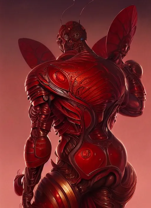 Image similar to portrait of aggressive ant humanoid, d & d, muscular! red, fantasy, intricate, elegant, highly detailed, digital painting, artstation, concept art, smooth, sharp focus, illustration, art by artgerm and greg rutkowski and alphonse mucha