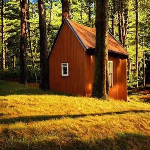 Prompt: house shaped like tree, photoreal, golden hour, sunlight, swedish forest, beautiful!!!!!!!!!