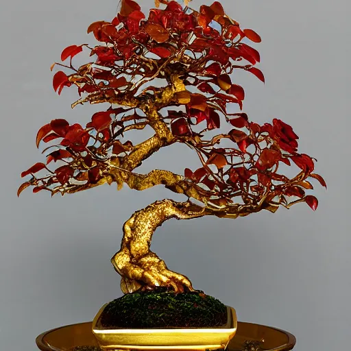 Image similar to aesthetic golden bonsai with raw gems as leaf and gothic ornaments, gems, rose gold, 8 k, details, studio lighting, realism, complex lights