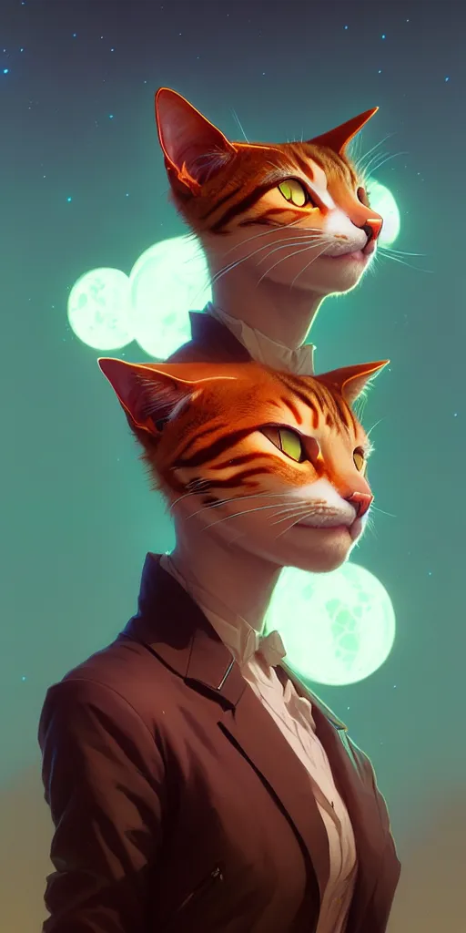 Image similar to portrait of humanoid cat, highly detailed vfx portrait, unreal engine, greg rutkowski, loish, rhads, beeple, makoto shinkai and lois van baarle, ilya kuvshinov, rossdraws, tom bagshaw, alphonse mucha, global illumination, detailed and intricate environment