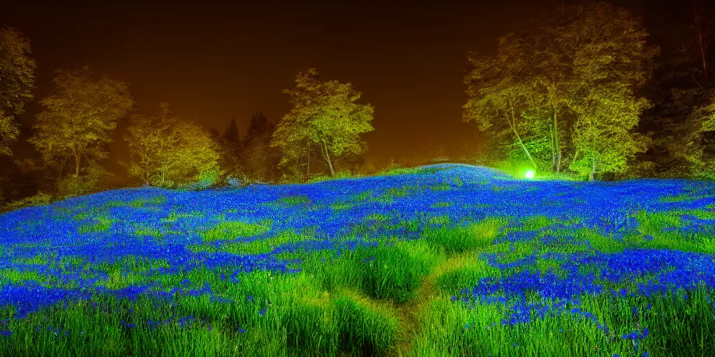 Image similar to ( * ) midnight, meadows on hills, blue flowers bloomed all over, glowing spores flying, photo, cinematic, 4 k, incredibly detailed, ephemere, feerique atmosphere contemplative