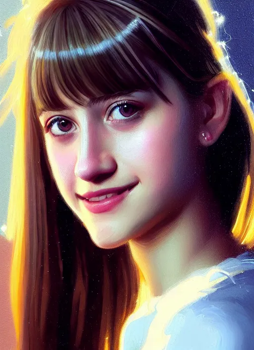 Image similar to portrait of teenage lili reinhart with bangs, smiling kindly, bangs, 1 9 6 0 s, ponytail, bangs and ponytail, intricate, elegant, glowing lights, highly detailed, digital painting, artstation, concept art, smooth, sharp focus, illustration, art by wlop, mars ravelo and greg rutkowski