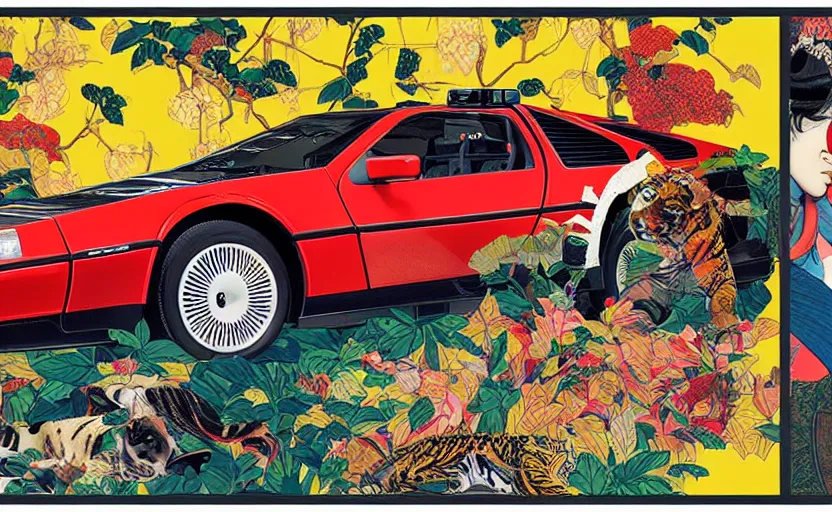 Image similar to a red delorean and a yellow tiger, colourful magazine collage, art by hsiao - ron cheng and utagawa kunisada