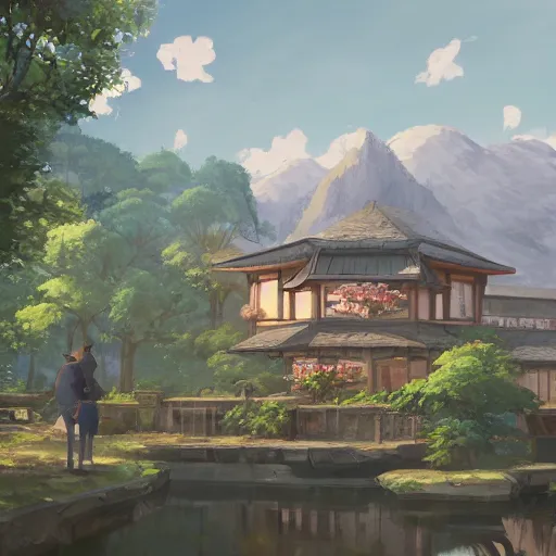 Image similar to concept art painting of a historic bakery with european and japanese architecture, in a woodland village surrounded by trees and mountains, realistic, detailed, cel shaded, in the style of makoto shinkai and greg rutkowski and james gurney