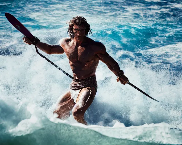 Prompt: single spartan paddling surfi ski through waves, epic award winning action cinematic still from the movie 3 0 0, 8 k, global illumination, detailed face, muscles, rim highlights, hyper realistic, stunning waves, happy vibes