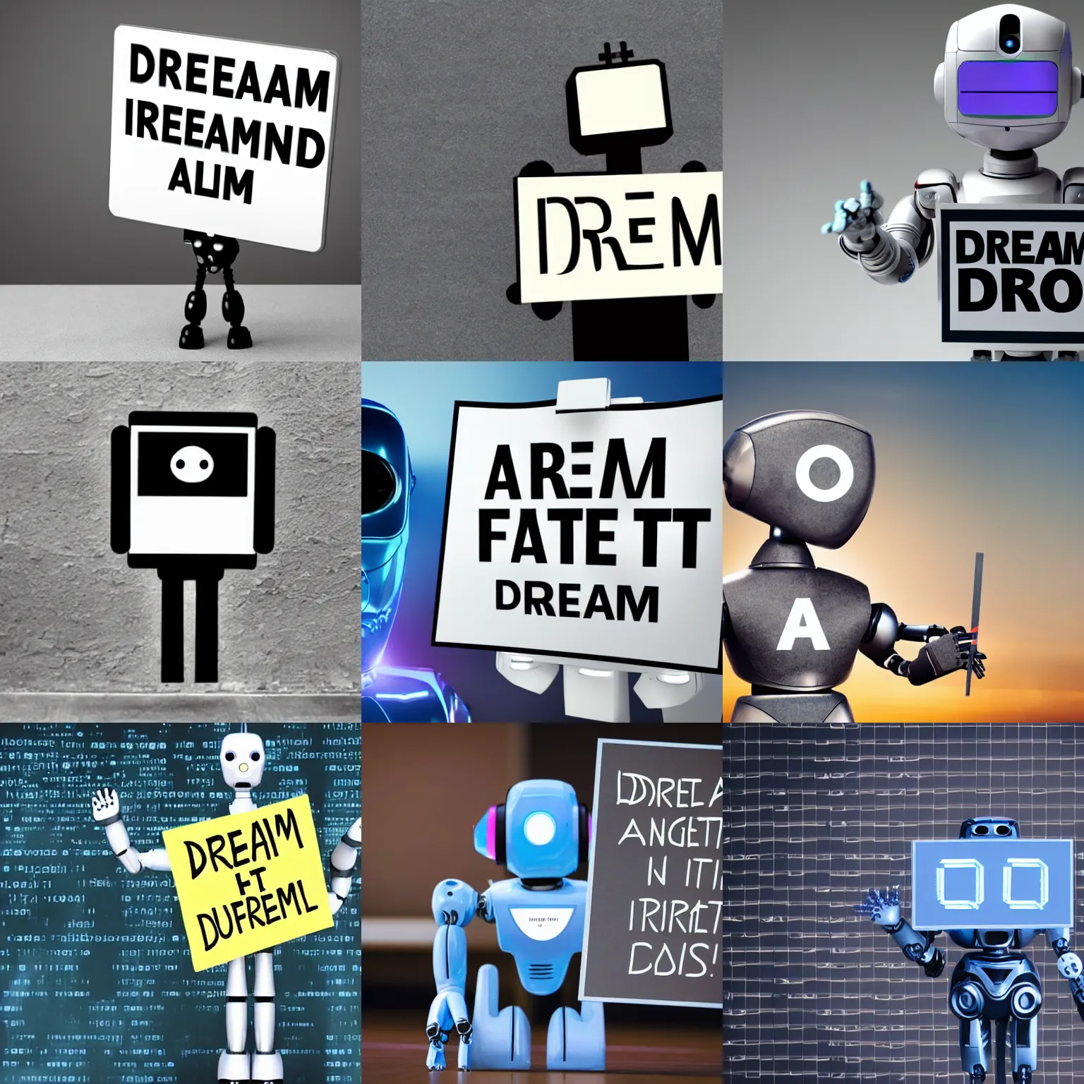 Image similar to artificial intelligence robot holding a sign with text that reads : dream