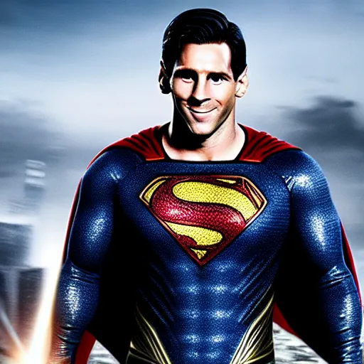 Image similar to lionel messi as superman in man of steel, 8 k resolution, cinematic lighting, anatomically correct