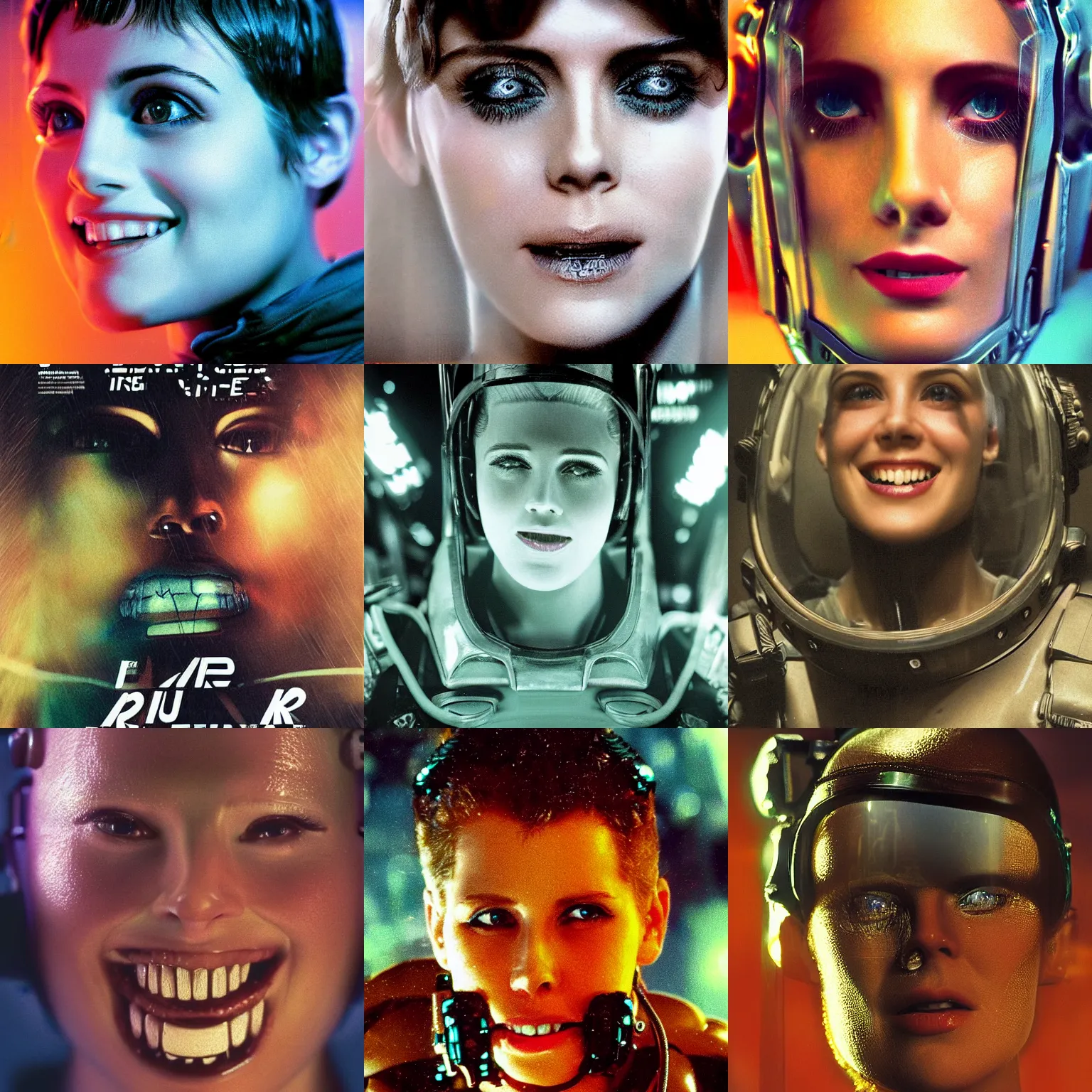 Prompt: beautiful extreme closeup portrait photo in style of 1990s frontiers in retrofuturism deep diving helmet fashion magazine blade runner edition, highly detailed, focus on smile, soft lighting