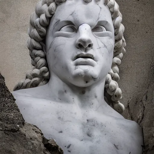 Image similar to an ominous and looming greek marble statue with creepy, real human eyes