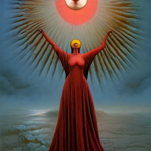 Image similar to beautiful guilty unknown evil magnificent gorgeous queen of the sun, showing her true form, full body by zdzisław beksiński and jeffrey smith, oil on canvas, 8k high quality and resolution, professionally detailed, trending on artstation