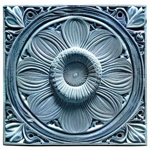 Prompt: fractals, maze, ernst haeckel, carved soapstone relief paneling white and pale blue