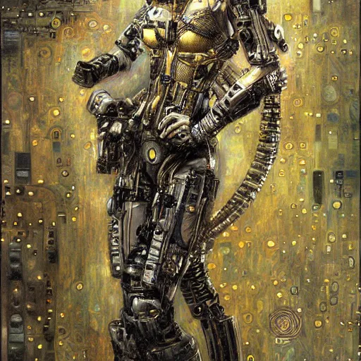 Image similar to well - armed cybernetic female supersoldier, intricate detail, klimt, royo, whealan,