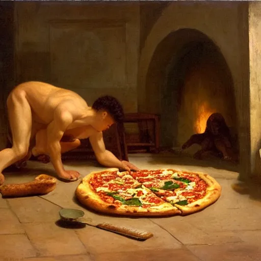 Image similar to pizza coming out of oven to shame mankind, 1 8 9 6 painting by jean - leon gerome, oil on canvas