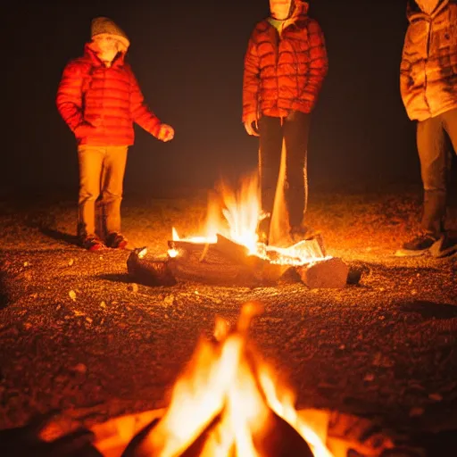 Prompt: tourists around campfire at night, hyperrealisic, low angle, close up, trending on artstation, wallpaper artstationHD, artstationHQ, 4k, 8k, octane render