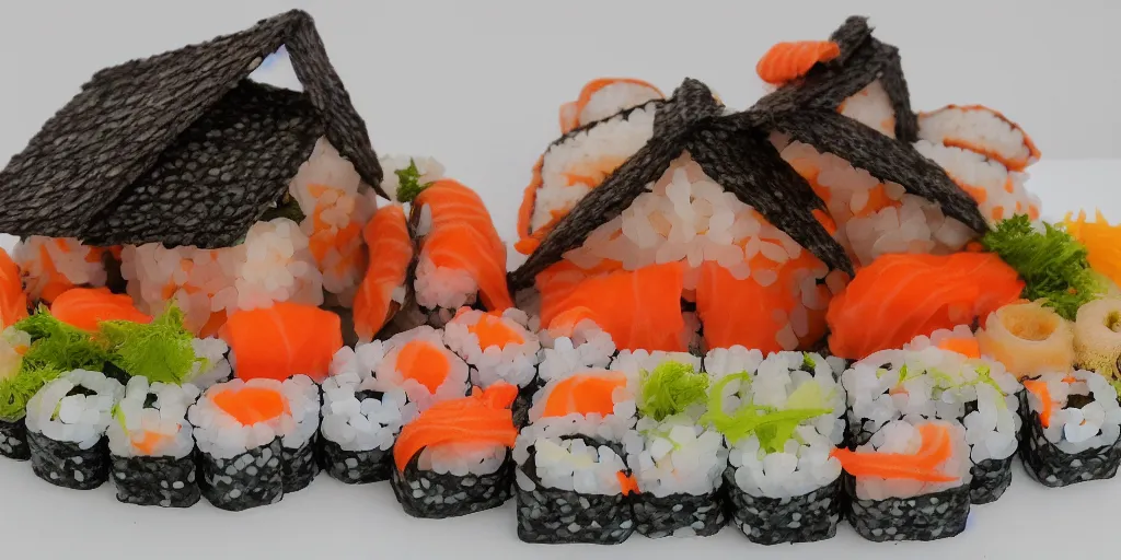 Image similar to a house made out of sushi, 4k, 35mm