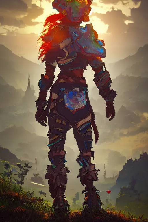 Image similar to combination suit armor aloy horizon forbidden west horizon zero dawn radiating a glowing aura global illumination ray tracing hdr fanart arstation by ian pesty and alena aenami artworks in 4 k tribal robot ninja mask helmet backpack