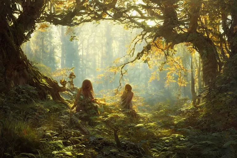 Prompt: painting of a beautiful forest landscape, sunshine, summer, warm, concept art, intricate details, eerie, highly detailed, photorealistic, octane render, 8 k, unreal engine. art by artgerm and greg rutkowski and alphonse mucha