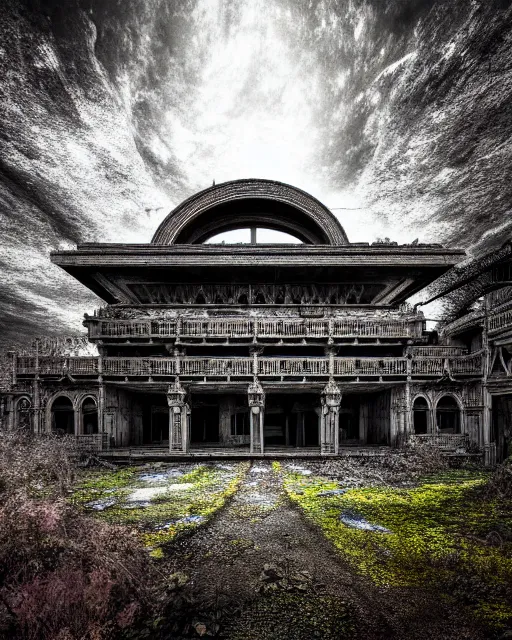 Image similar to a beautiful hyperdetailed rendering of pathway urbex city unfinished building building abandoned nature by louis sullivan, galactic hyperrealism myst at night reclaimed by nature magic realism darkacademia tokyo thermal imaging infrared sea, archdaily, wallpaper, highly detailed, trending on artstation.