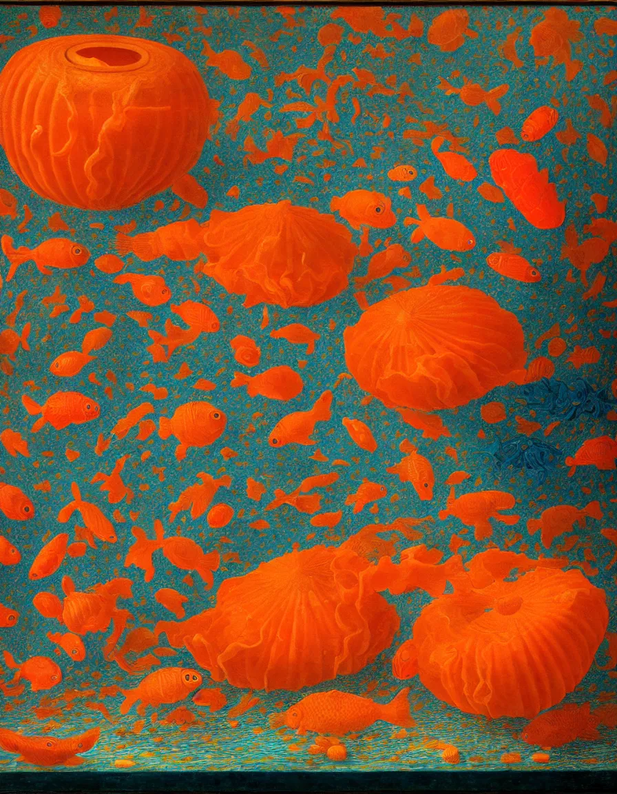 Image similar to transparent vase of coral in the sky and under the sea decorated with a dense field of stylized scrolls that have opaque orange outlines, with colorful shells and orange fishes, ambrosius benson, oil on canvas, hyperrealism, light color, no hard shadow, around the edges there are no objects