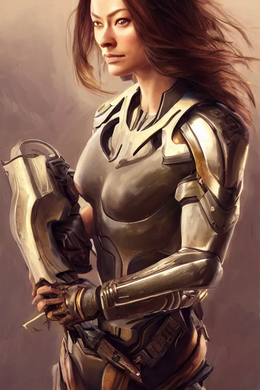 Image similar to a professional painting of a young Olivia Wilde, clothes in military armor, olive skin, long dark hair, beautiful bone structure, symmetrical facial features, intricate, elegant, digital painting, concept art, smooth, sharp focus, illustration, from StarCraft by Ruan Jia and Mandy Jurgens and Artgerm and William-Adolphe Bouguerea