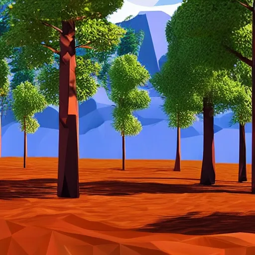 Prompt: a forest of 3d low poly trees with the mountains in the background, high quality, mobile game