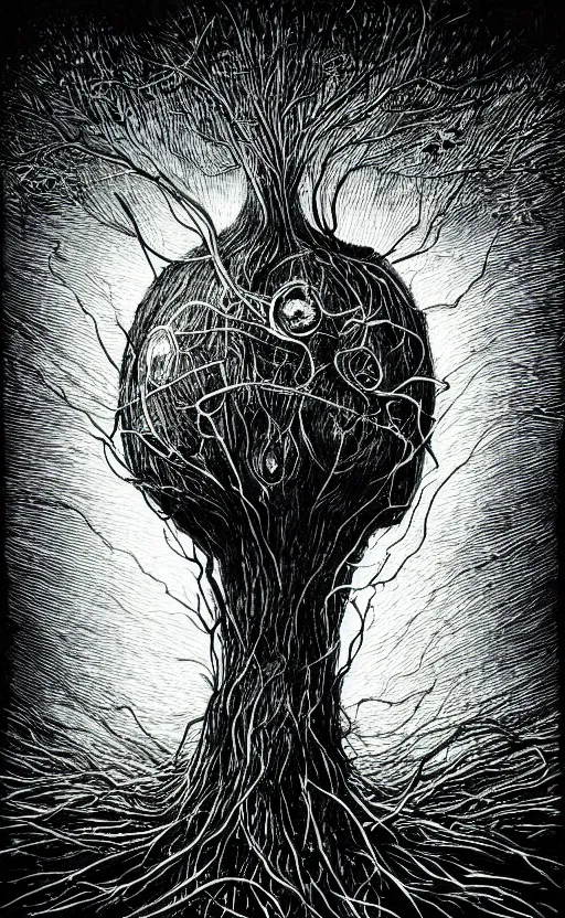 Image similar to portrait of lovecraftian onion surrounded by beams of light dark background by wayne barlow, stanley donwood, anton semenov, zdzislaw bekinski, hr giger, 8 k, fantasy, dark, highly detailed