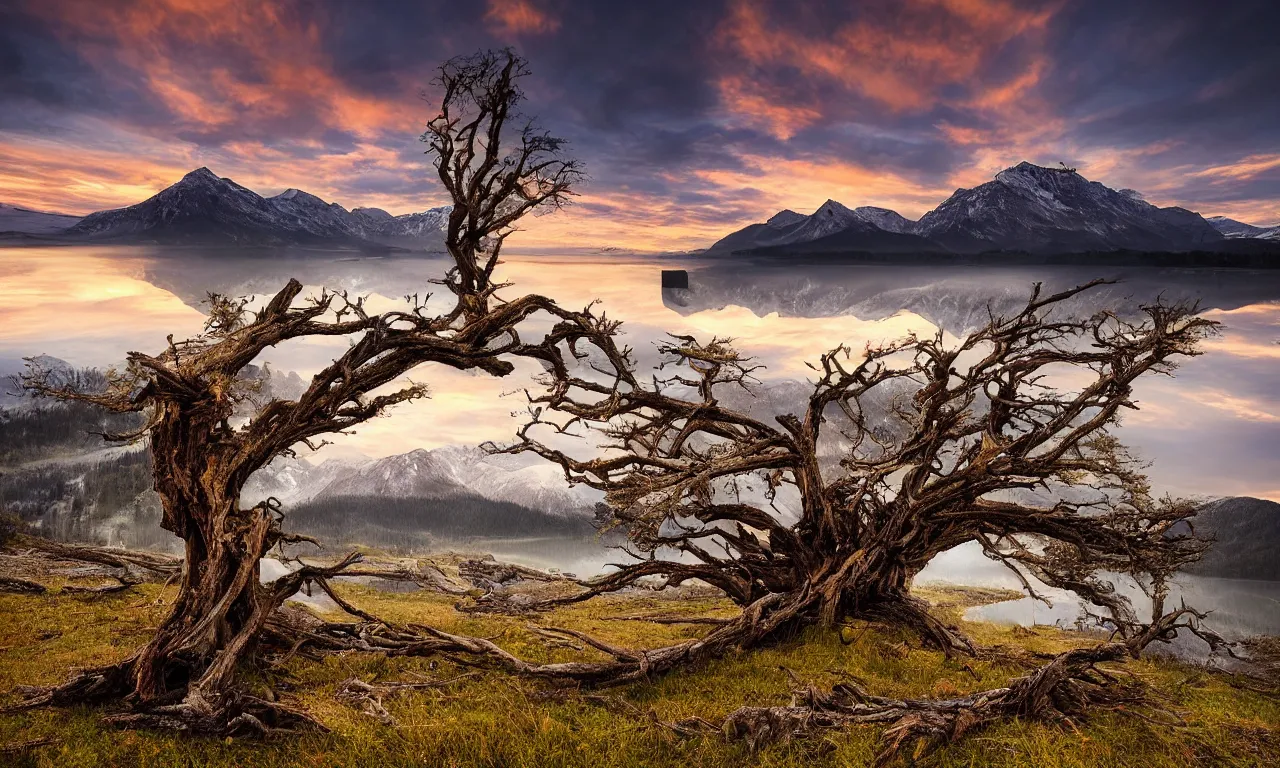 Image similar to landscape photography by marc adamus, dead tree in the foreground, mountains, lake