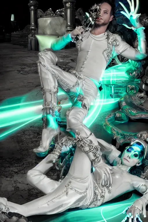 Image similar to full-body rococo and cyberpunk style neon statue of a muscular attractive J Balvin macho dotado e rico android sim roupa reclining con las piernas abertas e la piroca dura, glowing white lasers, glowing eyes, silver prince crown, silver steampunk gears, white diamonds, swirling mint-colored silk fabric. futuristic elements. ethereal white dripping tar. full-length view. space robots. human skulls. large white balloon animals. intricate artwork by caravaggio. Trending on artstation, octane render, cinematic lighting from the right, hyper realism, octane render, 8k, depth of field, 3D