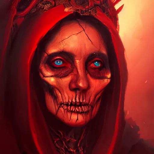 Image similar to a beautiful portrait of an ancient elderly necromancer queen, embers, skeletal, red-fabric, red-eyes, by Greg Rutkowski and Raymond Swanland, Trending on Artstation, ultra realistic digital art