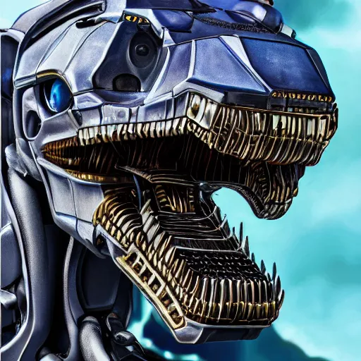 Image similar to hyper-realistic detailed portrait photograph, mid shot, gangster robot mecha dinosaur with a single gold tooth, cyberpunk