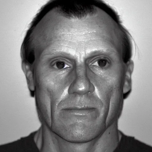 Image similar to A mugshot portrait of a middle aged older man who looks like Jerma985 with a receding hairline and short mid-length wavy hair, wearing mid-1980s menswear in the late 2008, taken in the late 1980s, grainy, realistic, hyperrealistic, very realistic, highly detailed, very detailed, extremely detailed, detailed, trending on artstation, front facing, front view, headshot and bodyshot, detailed face, very detailed face