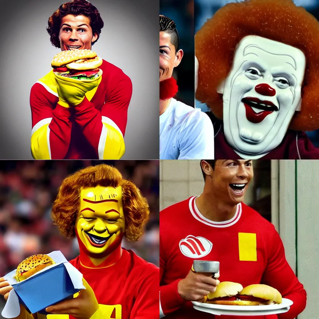 Prompt: Christiano Ronaldo as Ronald McDonald eating a hamburger