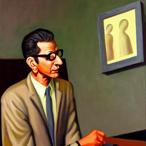 Prompt: jeff goldblum being jeff goldblum, grant wood, pj crook, edward hopper, oil on canvas